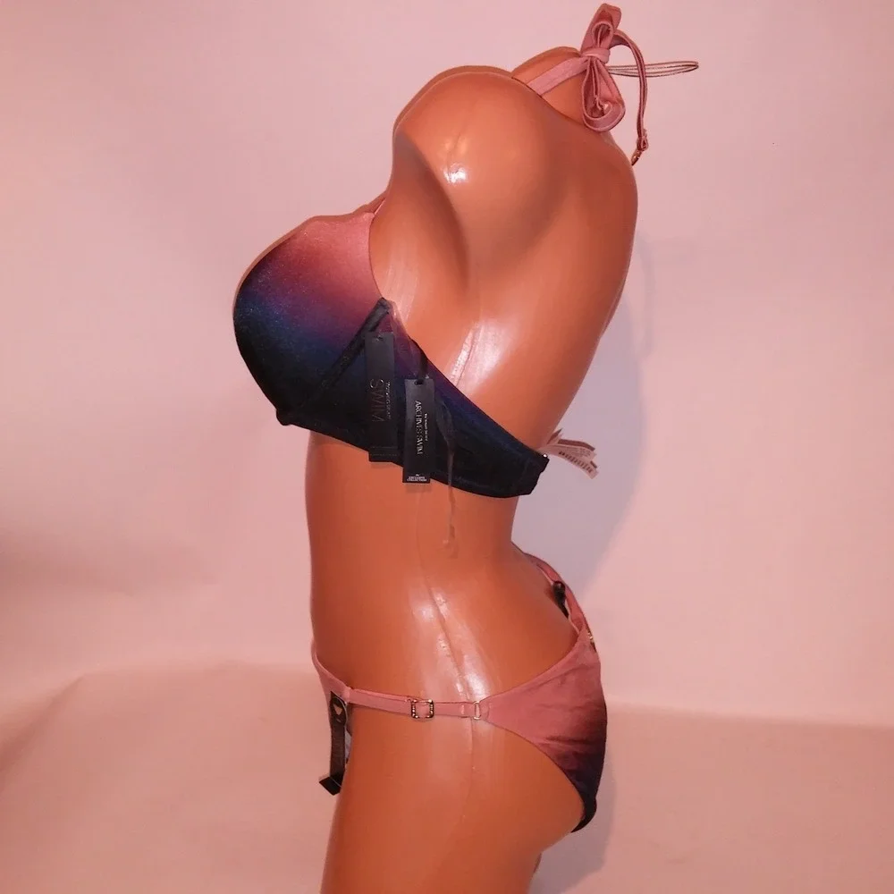 Victoria Secret Swim Bikini 38C Top XL Bottom Ombre Black Mauve Push Up String